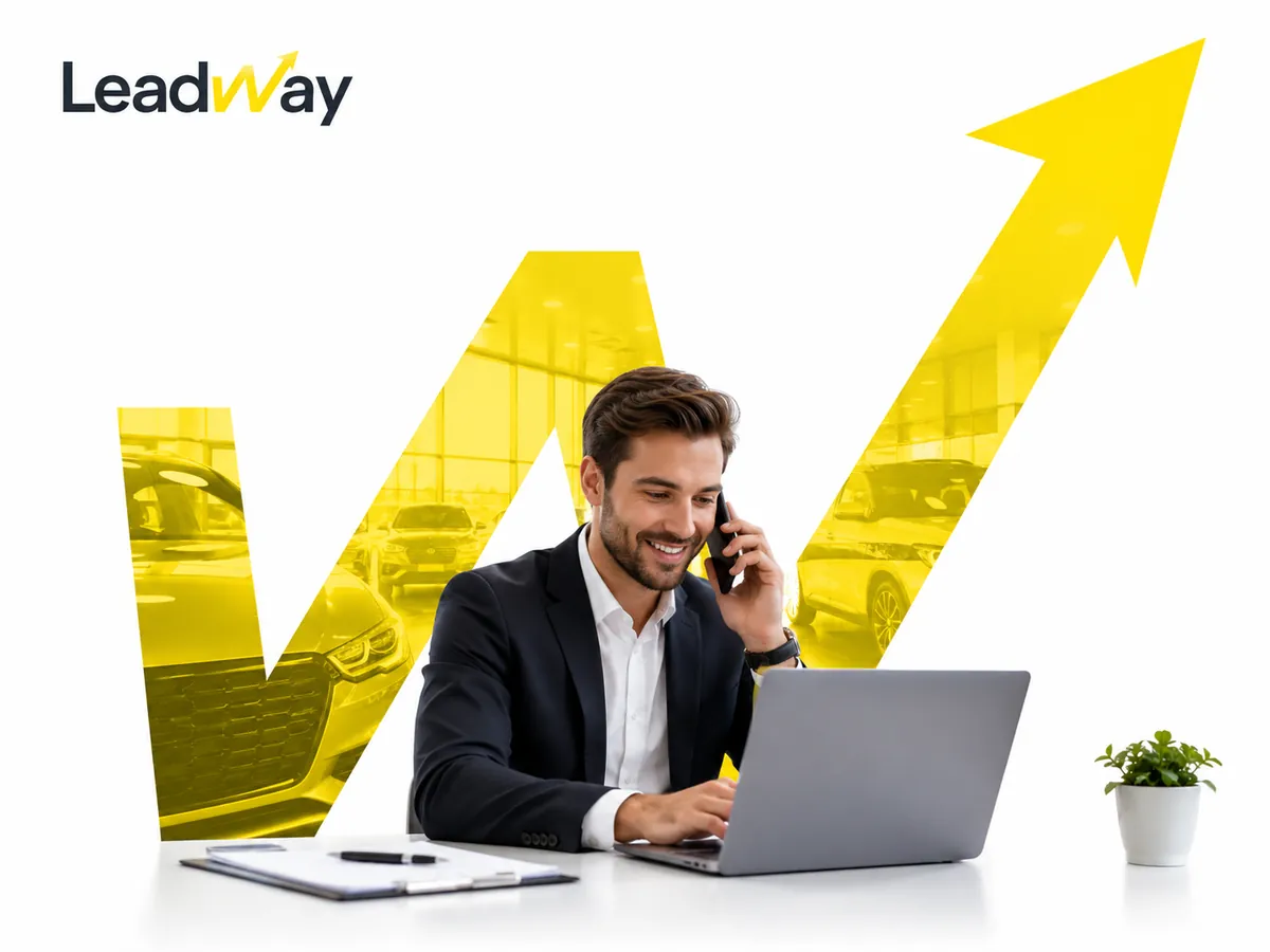 Especialista LeadWay atendendo um cliente, com o W da marca em forma de gráfico em alta