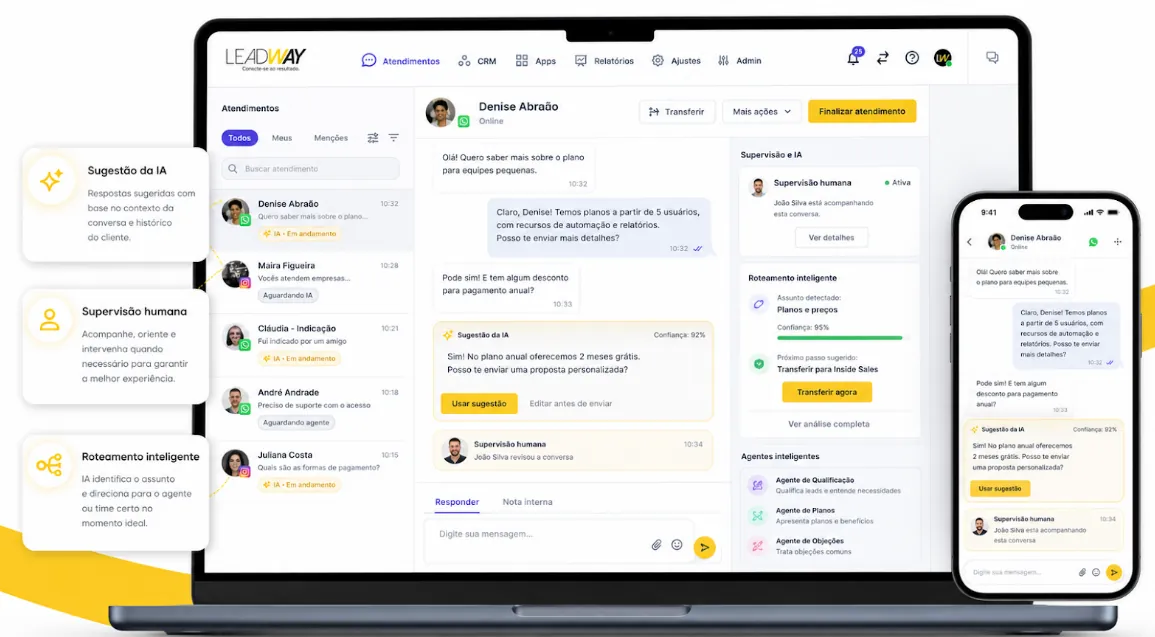 Plataforma LeadWay: central de atendimentos no notebook e no celular, com sugestão da IA, supervisão humana e roteamento inteligente